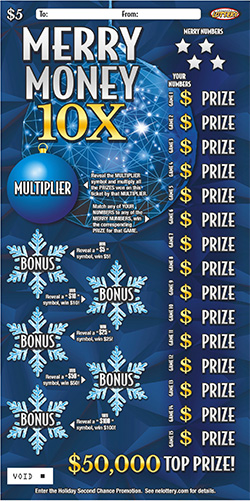 Merry Money 10X scratch game from Nebraska Lottery