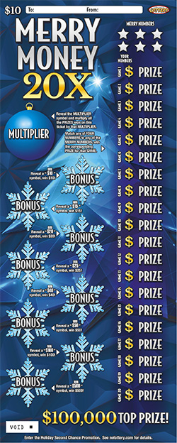 Merry Money 20X scratch game from Nebraska Lottery